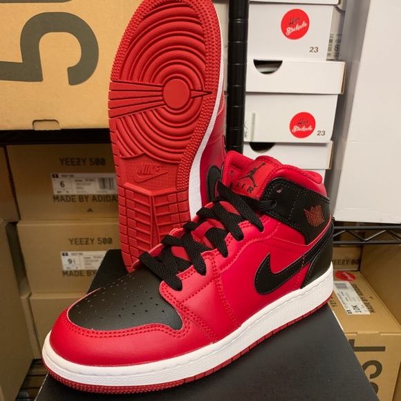 Nike Air Jordan 1 Mid Reverse Bred Black Red Shoes GS Men 554725-660 554724-660 - Picture 11 of 12
